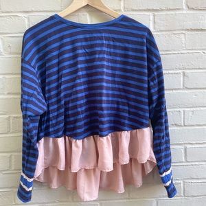 Deletta top, blue and navy stripes with a pink ruffle